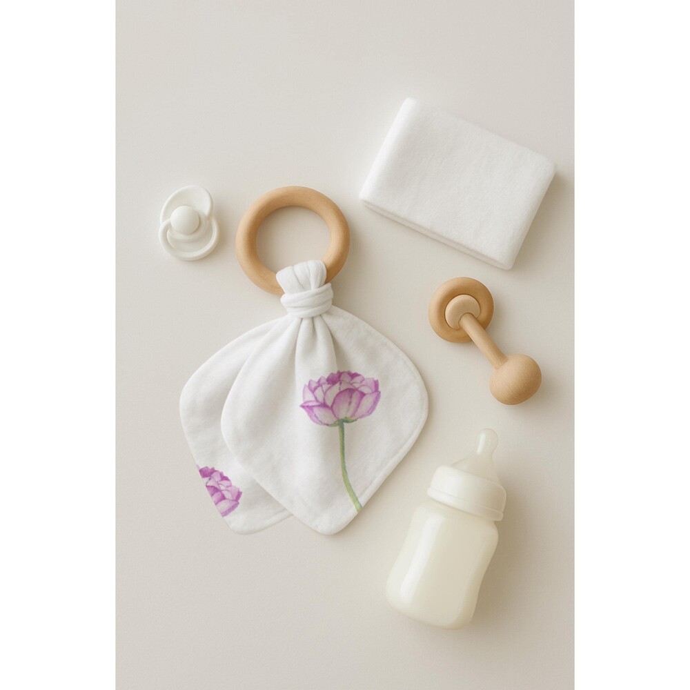 Organic Baby Teether With Wooden Ring | Birth Month November Peony Baby Gift